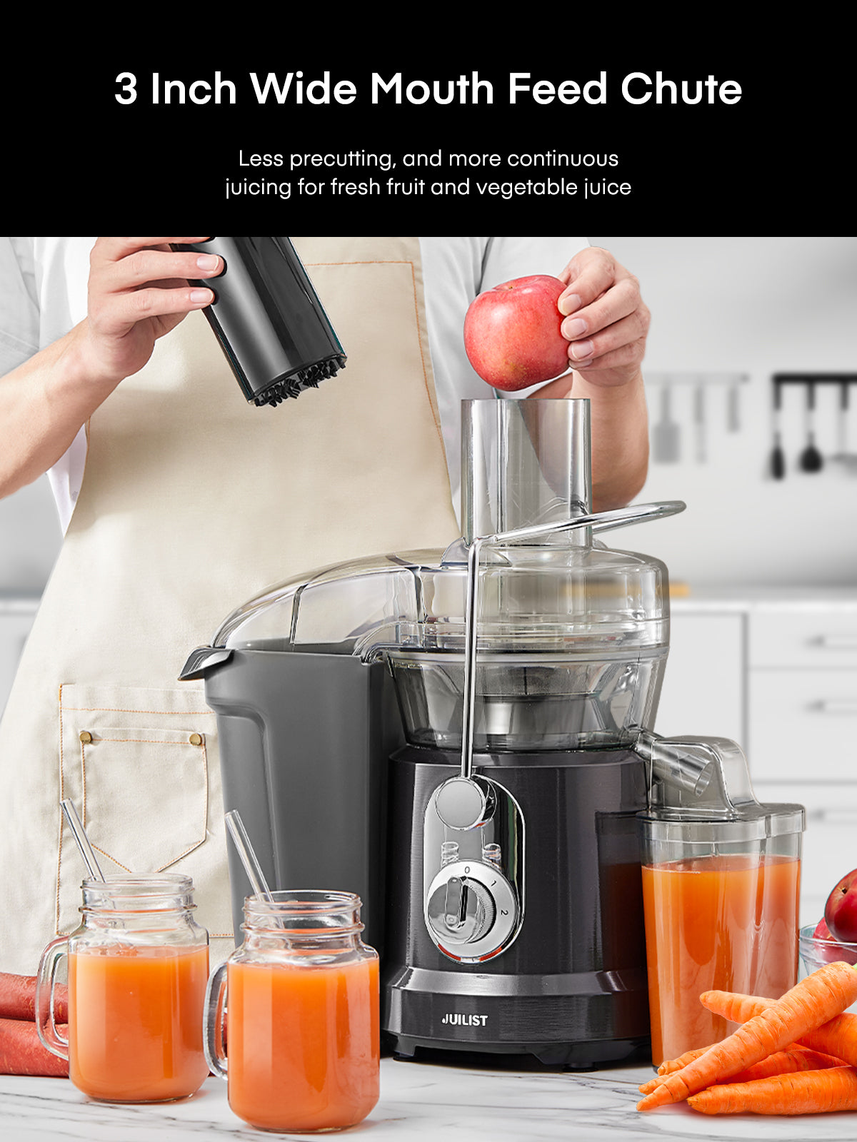JUILIST Juicer Machines, 1000W Juice Extractor with 3" Wide Mouth for Whole Fruits and Vegetables, 2 Speed Settings, Recipe & Brush Included, Easy to Clean, BPA Free, Grey