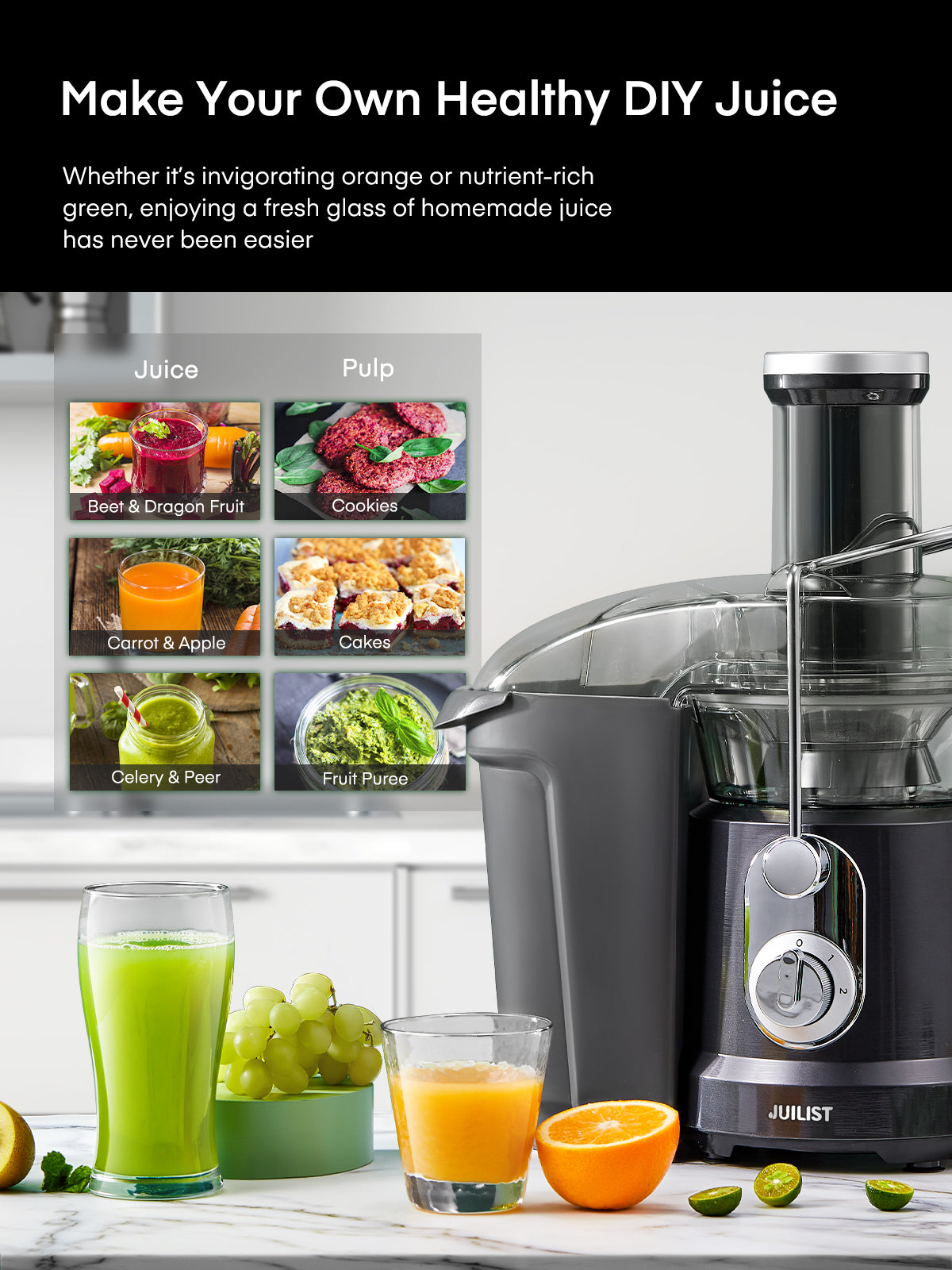 JUILIST Juicer Machines, 1000W Juice Extractor with 3" Wide Mouth for Whole Fruits and Vegetables, 2 Speed Settings, Recipe & Brush Included, Easy to Clean, BPA Free, Grey