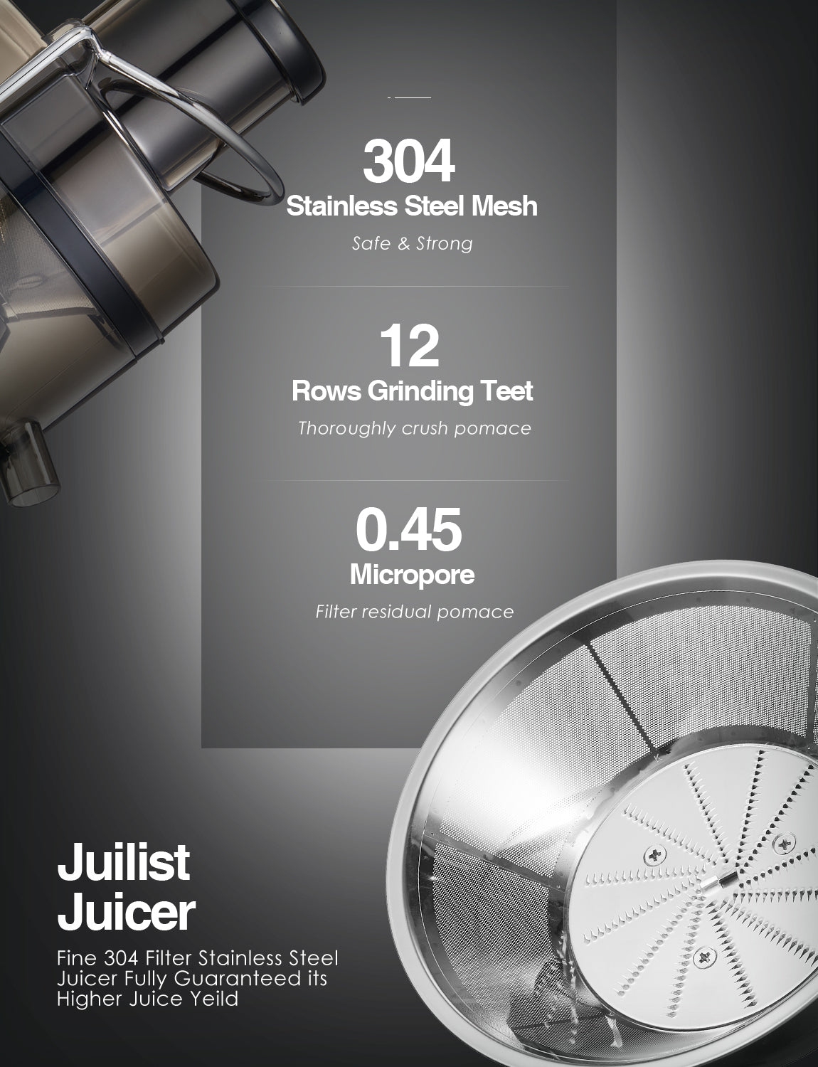 Juilist Juicer Machines, 3" Wide Mouth Juicer Extractor, 3-Speed Setting, 400W Easy to Clean, Grey