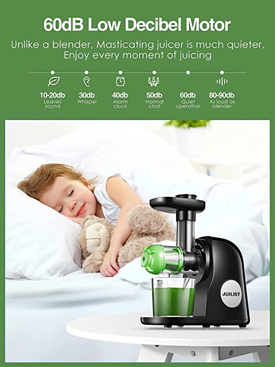 JUILIST Juicer Machine, Slow Masticating Juicer with Higher Juice Yield and Drier Pulp, Cold Press Juicer with Quiet Motor and Reverse Function, Easy to Clean, Includes Cleaning Brush (Classic Black)