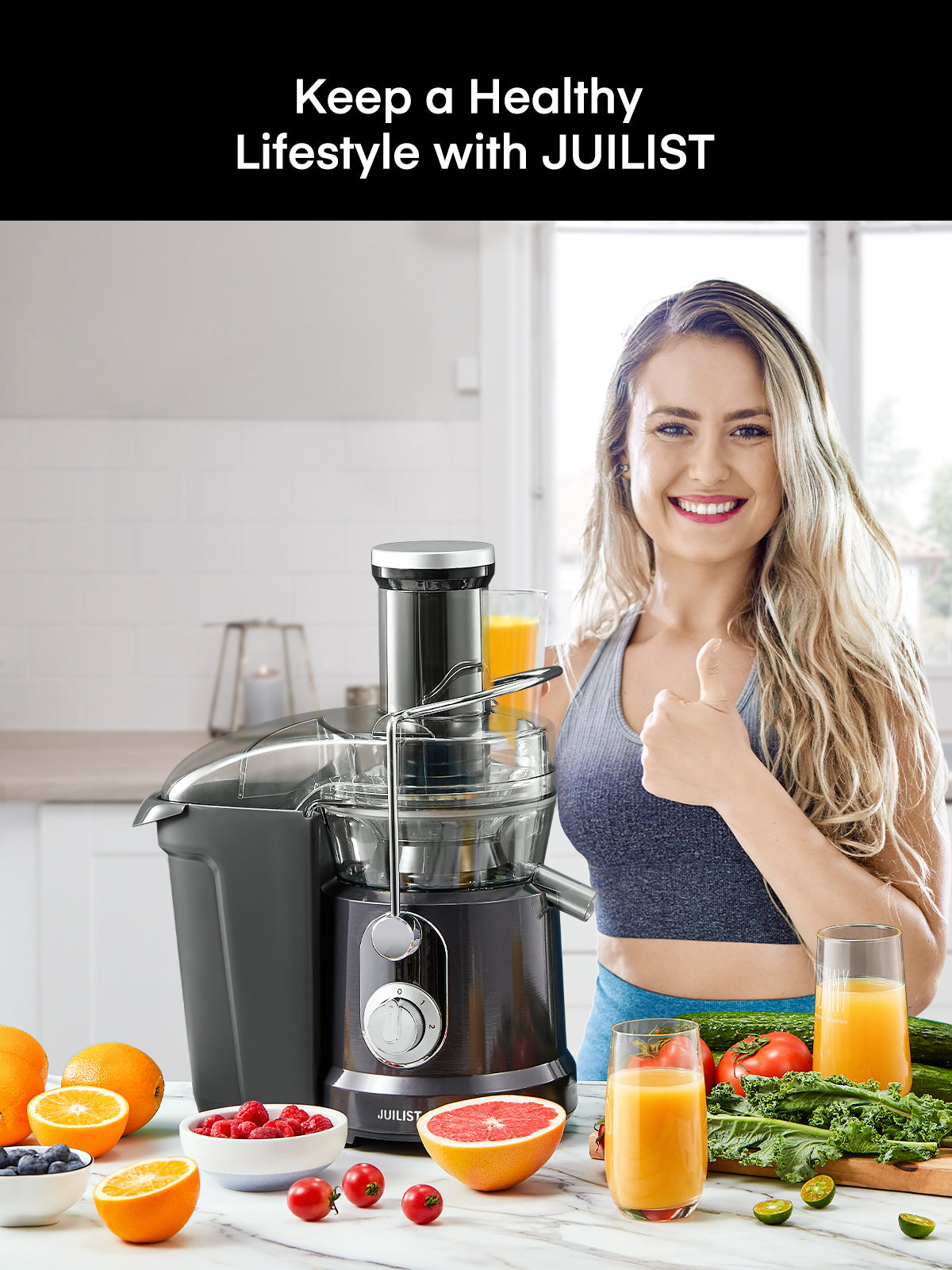 JUILIST Juicer Machines, 1000W Juice Extractor with 3" Wide Mouth for Whole Fruits and Vegetables, 2 Speed Settings, Recipe & Brush Included, Easy to Clean, BPA Free, Grey