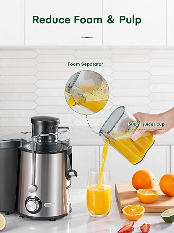 Juicer Machines, Juilist New Generation Compact Easy to Clean Centrifugal Juicer Extractor for Fruits and Vegetables with 3" Wide Mouth and Anti-Drip, Dual Speeds, Recipe & Brush, 400W