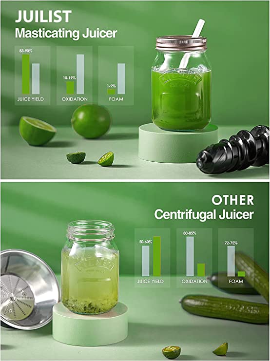 JUILIST Juicer Machine, Slow Masticating Juicer with Higher Juice Yield and Drier Pulp, Cold Press Juicer with Quiet Motor and Reverse Function, Easy to Clean, Includes Cleaning Brush (Classic Black)
