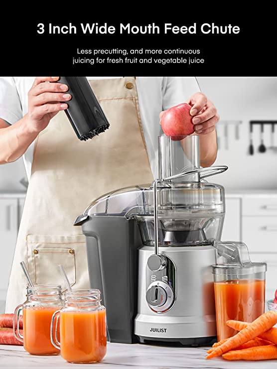 JUILIST Juicer Machines, 1000W Juicer Vegetable and Fruit with 3" Wide Mouth Food Chute, Easy to Clean, Large Power Juicer Extractor, 4S Fast Juicing & 2 Speeds Setting, Sliver