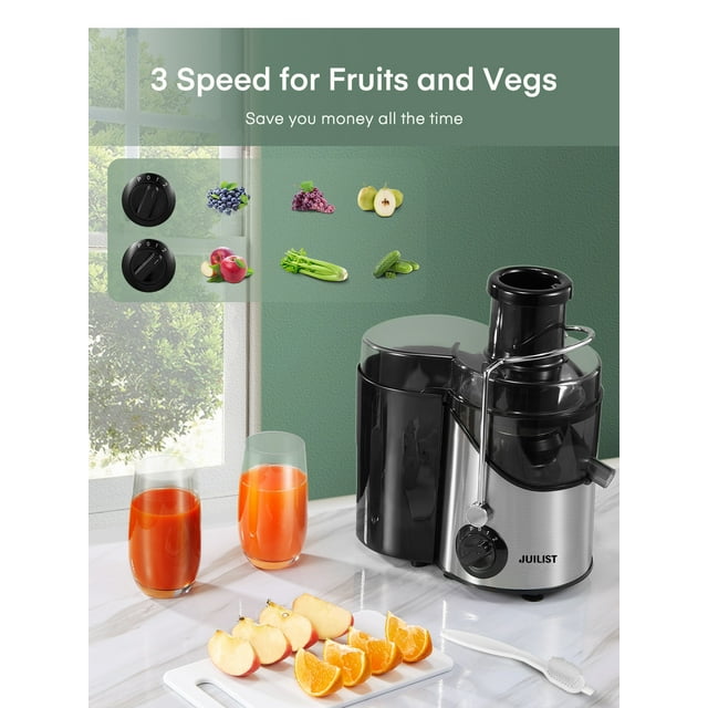 Juicer Machine Easy to Clean, 3" Feed Chute for Whole Fruit and Vegetable, Brush, Black