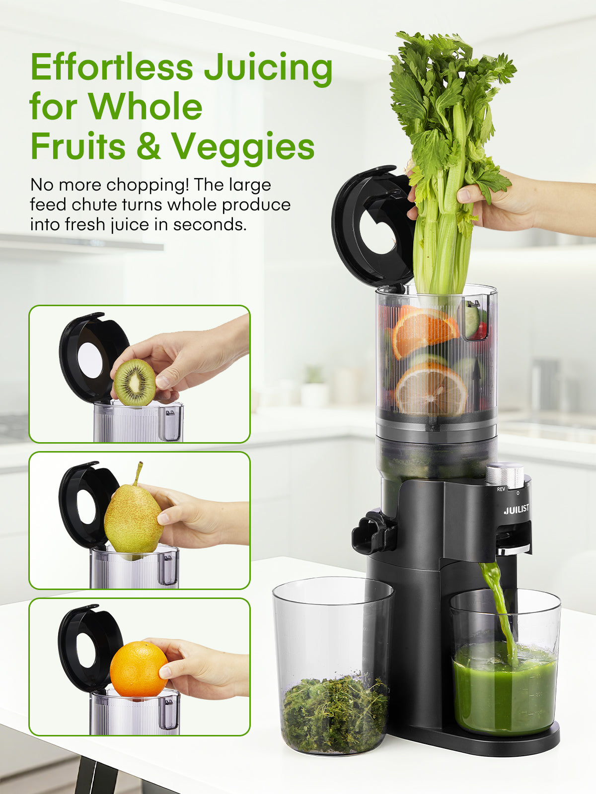 Juicer Machines, 4.13 Inch Chute Cold Press Juicer, Slow Masticating Juicer – for Whole Fruits & Vegetables, Quiet, High Juice Yield, Easy to Clean, BPA Free (Black)