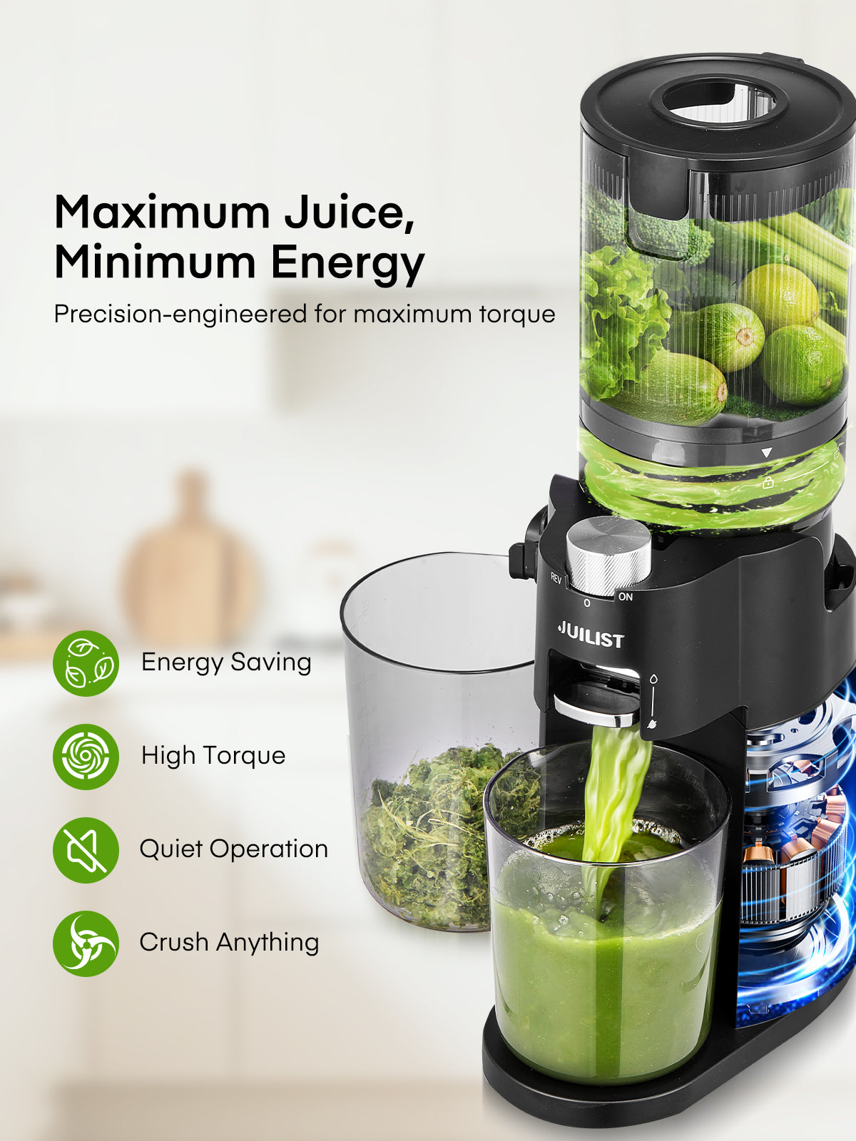 Juicer Machines, 4.13 Inch Chute Cold Press Juicer, Slow Masticating Juicer – for Whole Fruits & Vegetables, Quiet, High Juice Yield, Easy to Clean, BPA Free (Black)