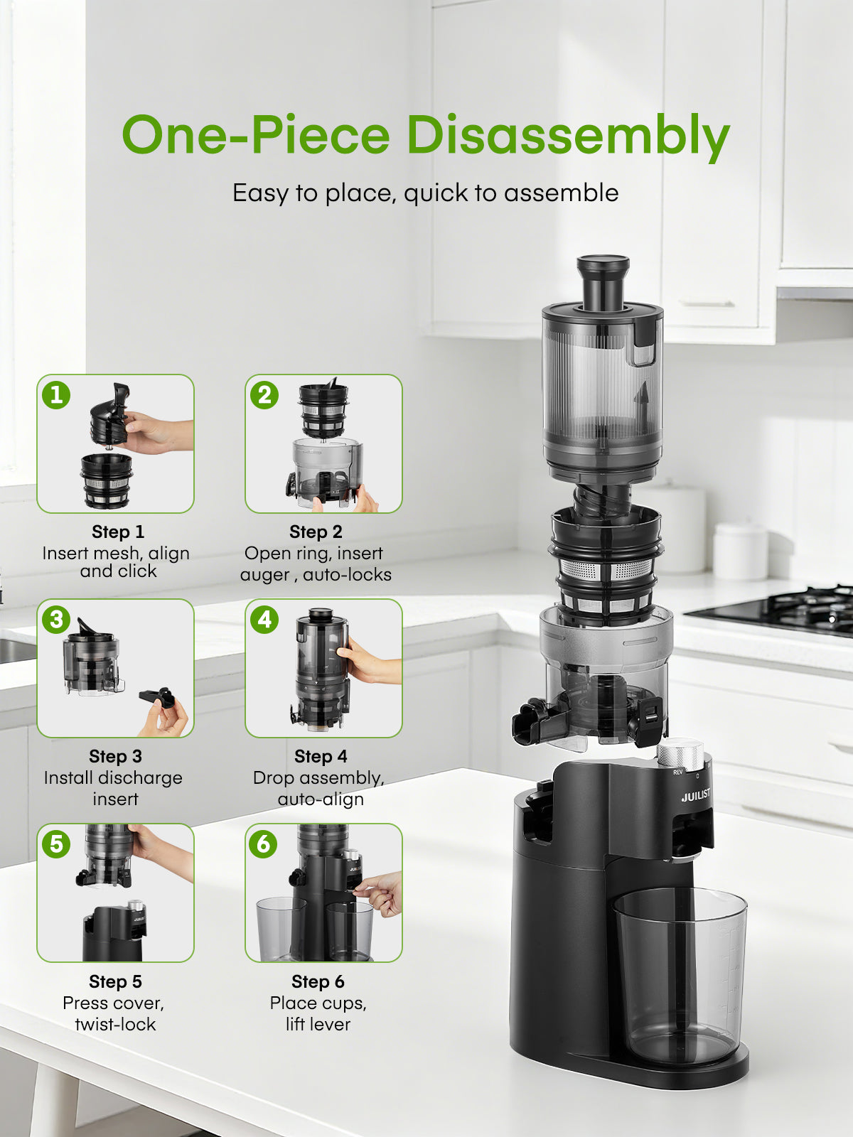 Juicer Machines, 4.13 Inch Chute Cold Press Juicer, Slow Masticating Juicer – for Whole Fruits & Vegetables, Quiet, High Juice Yield, Easy to Clean, BPA Free (Black)