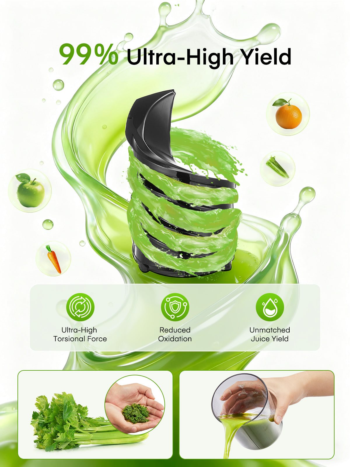 Juicer Machines, 4.13 Inch Chute Cold Press Juicer, Slow Masticating Juicer – for Whole Fruits & Vegetables, Quiet, High Juice Yield, Easy to Clean, BPA Free (Black)