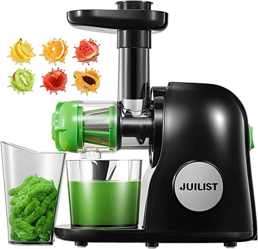 JUILIST Juicer Machine, Slow Masticating Juicer with Higher Juice Yield and Drier Pulp, Cold Press Juicer with Quiet Motor and Reverse Function, Easy to Clean, Includes Cleaning Brush (Classic Black)