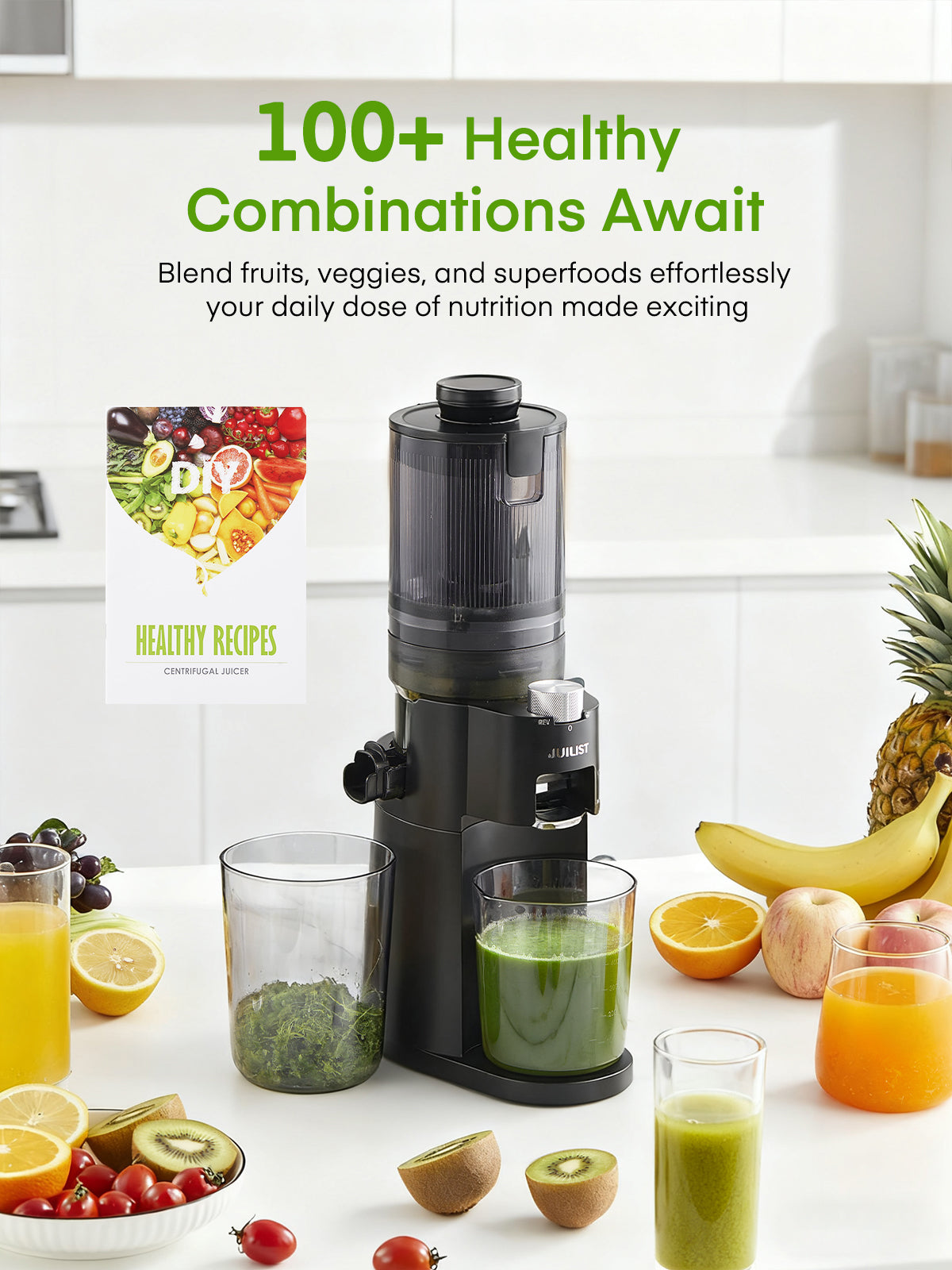 Juicer Machines, 4.13 Inch Chute Cold Press Juicer, Slow Masticating Juicer – for Whole Fruits & Vegetables, Quiet, High Juice Yield, Easy to Clean, BPA Free (Black)